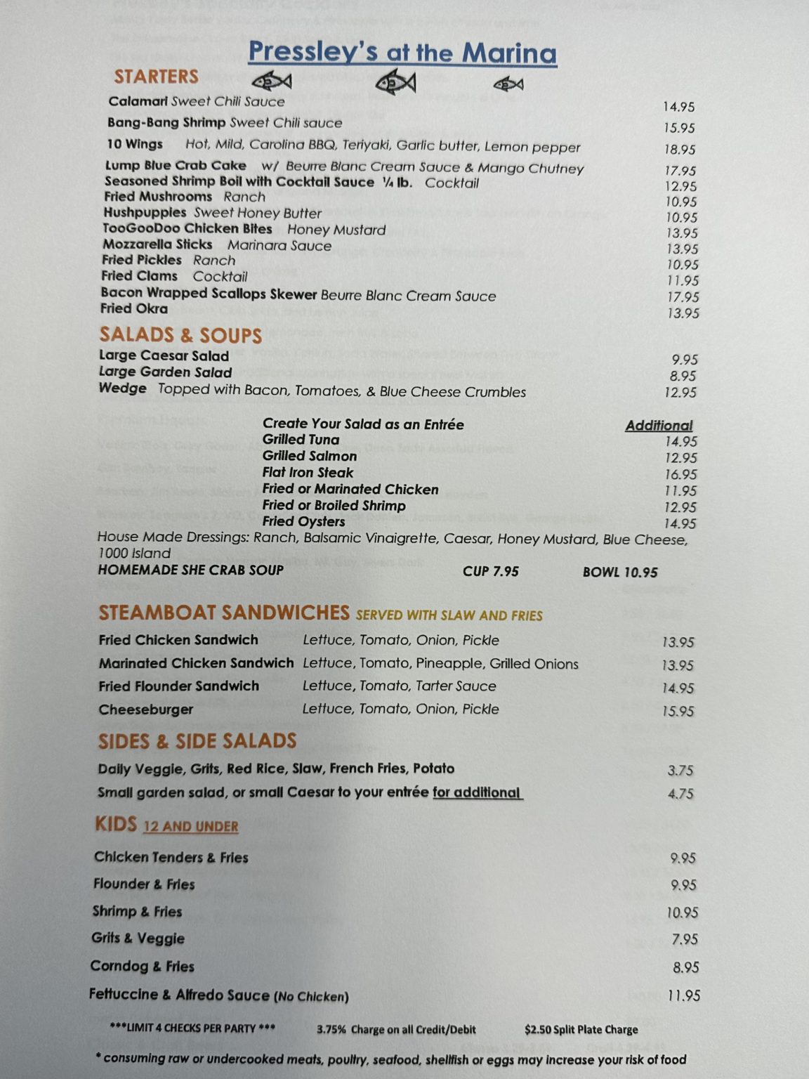 Digital Dinner Menu Pressley's At the Marina